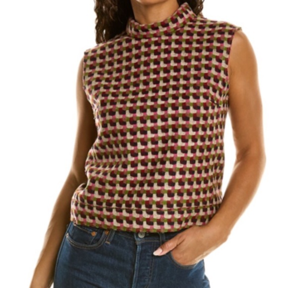 Frances Valentine Colette Basketweave Plaid 100% Wool Top in Pink Green XL - Picture 4 of 13